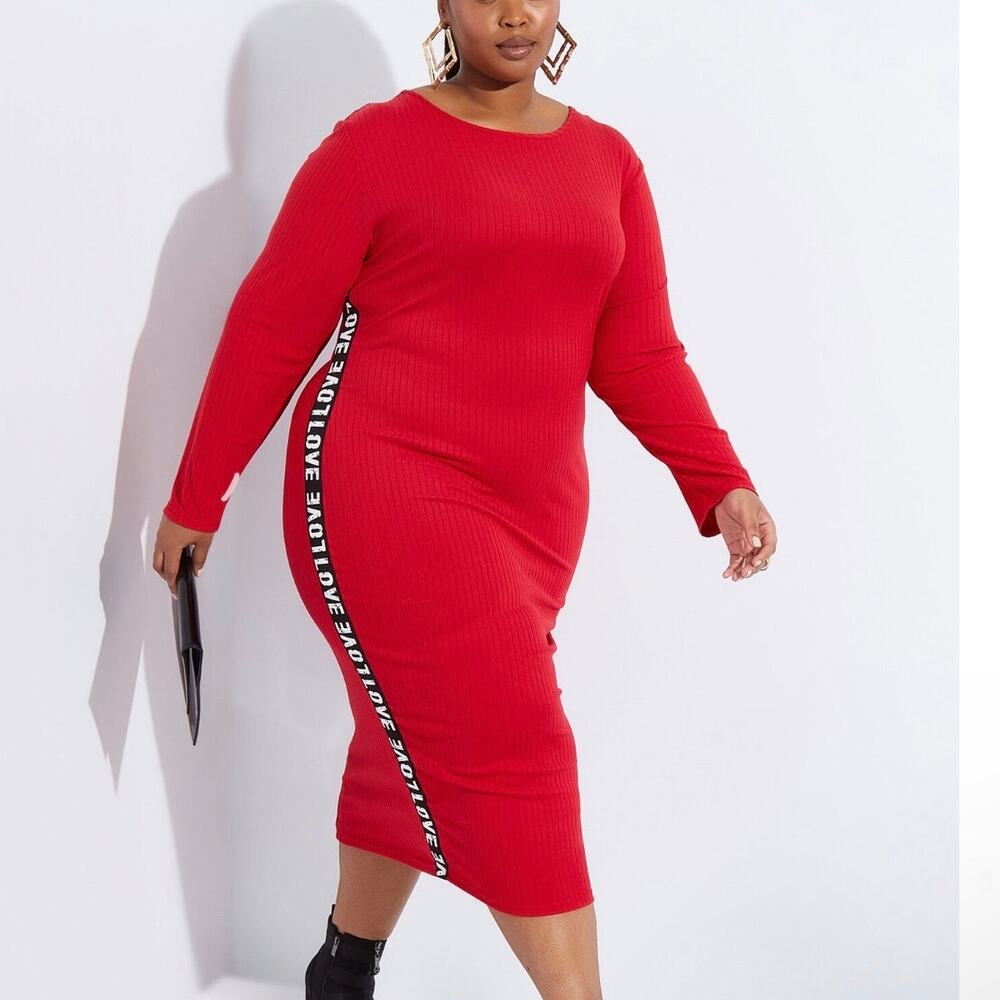 Ashley Stewart red ribbed midi dress black side stripe repeated lettering 18/20